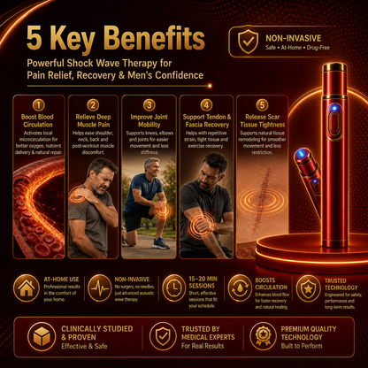 Advanced Acoustic Shockwave Therapy restores penile tissue health to enhance rise rigidity⬆️, stamina, and male performance confidence, relieving muscle pain, joint stiffness, tendon discomfort